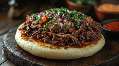 A Venezuelan arepa filled with shredded beef