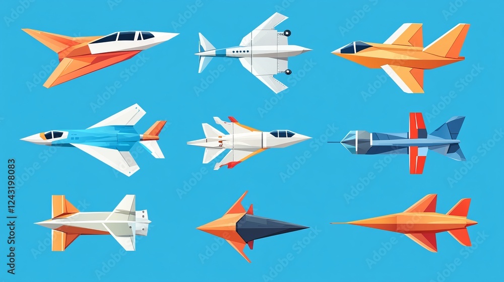 A collection of folded paper airplanes, featuring both side and front views in a flat vector illustration A collection of folded paper airplanes, featuring both side and front views in a flat vector illustration