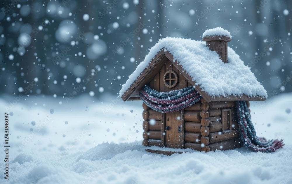 A small wooden house covered in snow with a hat and scarf on top, surrounded by falling snowflakes A small wooden house covered in snow with a hat and scarf on top, surrounded by falling snowflakes