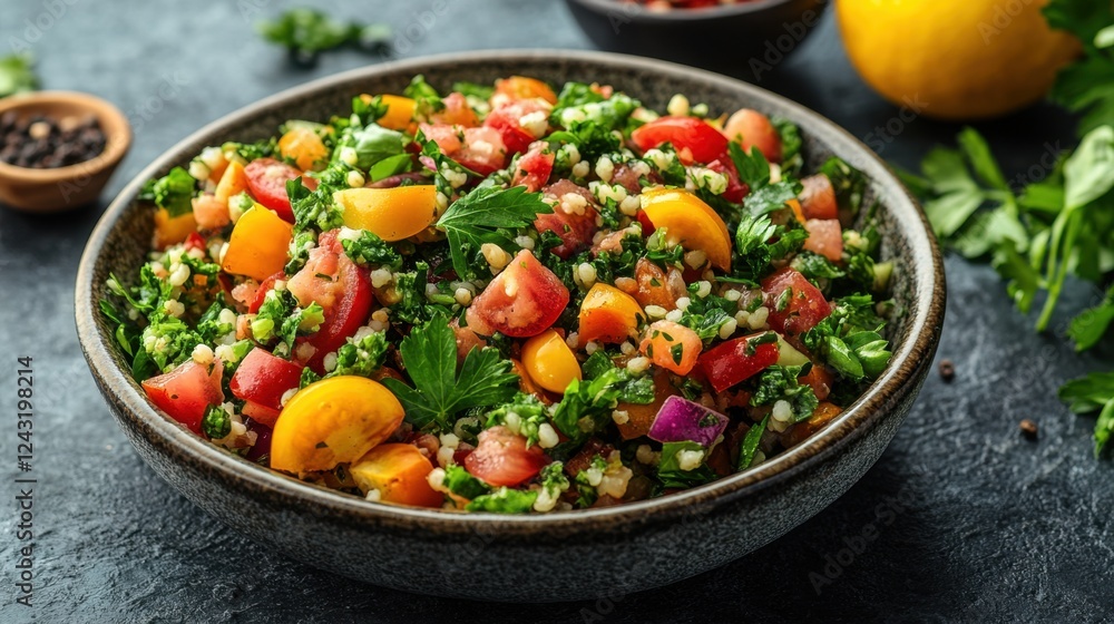A vibrant Lebanese tabbouleh salad with fresh parsley A vibrant Lebanese tabbouleh salad with fresh parsley