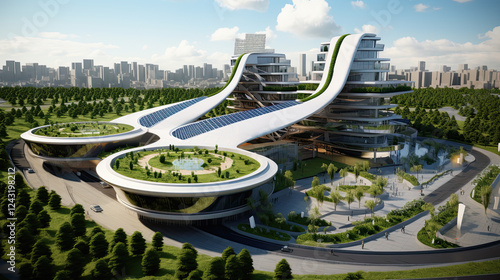 Futuristic Eco-Friendly Cityscape with Modern High-Rise Buildings and Sustainable Design Elements