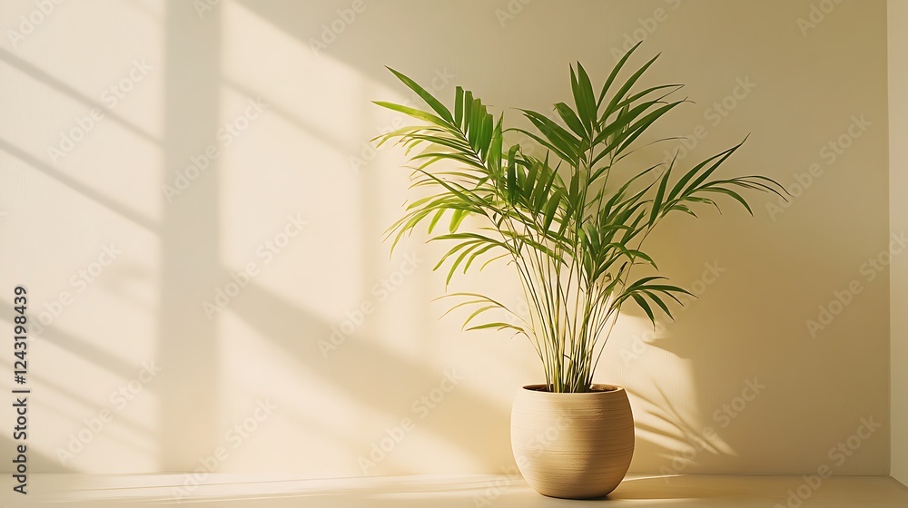 A potted palm plant sits in sunlight against a beige wall A potted palm plant sits in sunlight against a beige wall
