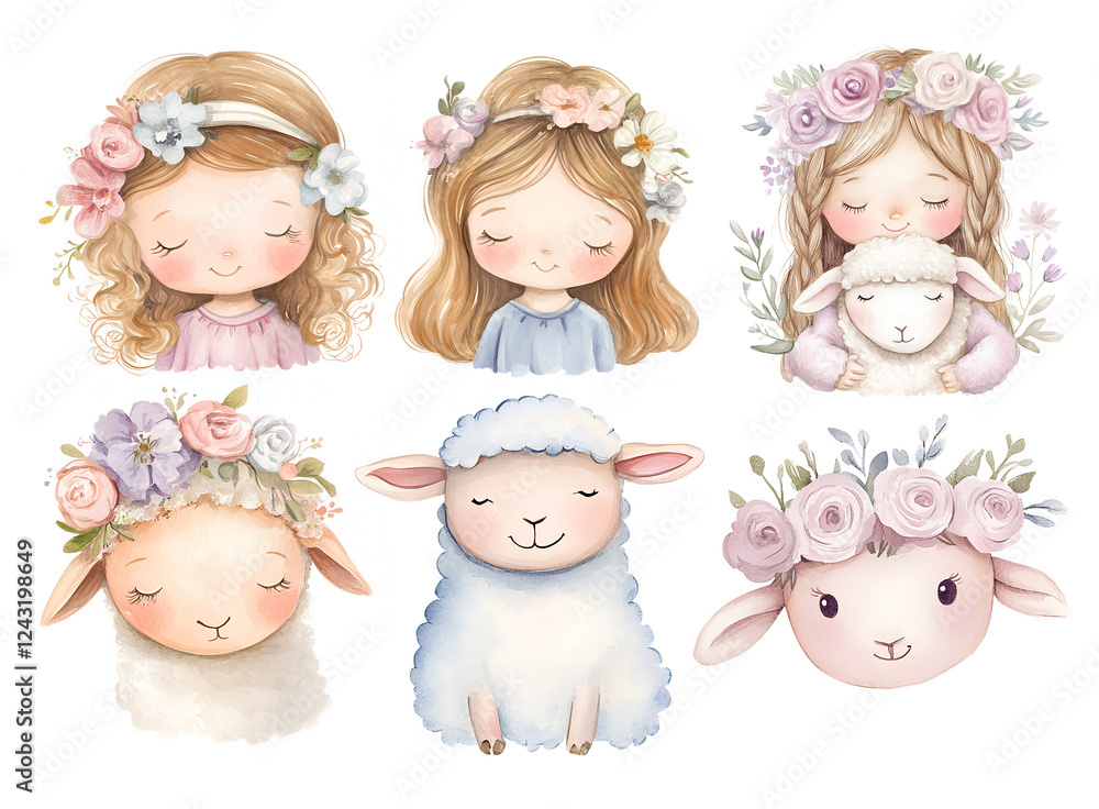 Watercolor Illustration Set with Girls and Cute Sheep, Adorable Kids Clipart, Easter Illustration, Nursery Decor Watercolor Illustration Set with Girls and Cute Sheep, Adorable Kids Clipart, Easter Illustration, Nursery Decor