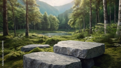 Stone podium on rock platform 3d illustration, grey rock pedestal for a product display stand, green forest and blurred on the background, natural scenery landscape.