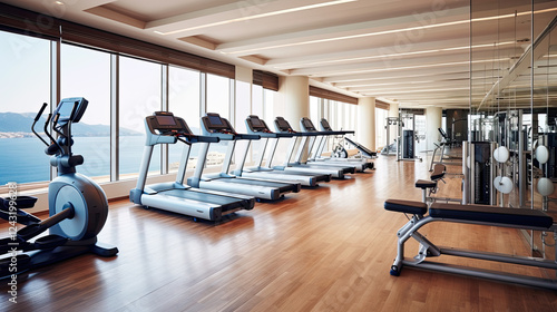 Modern gym with ocean view and fitness equipment