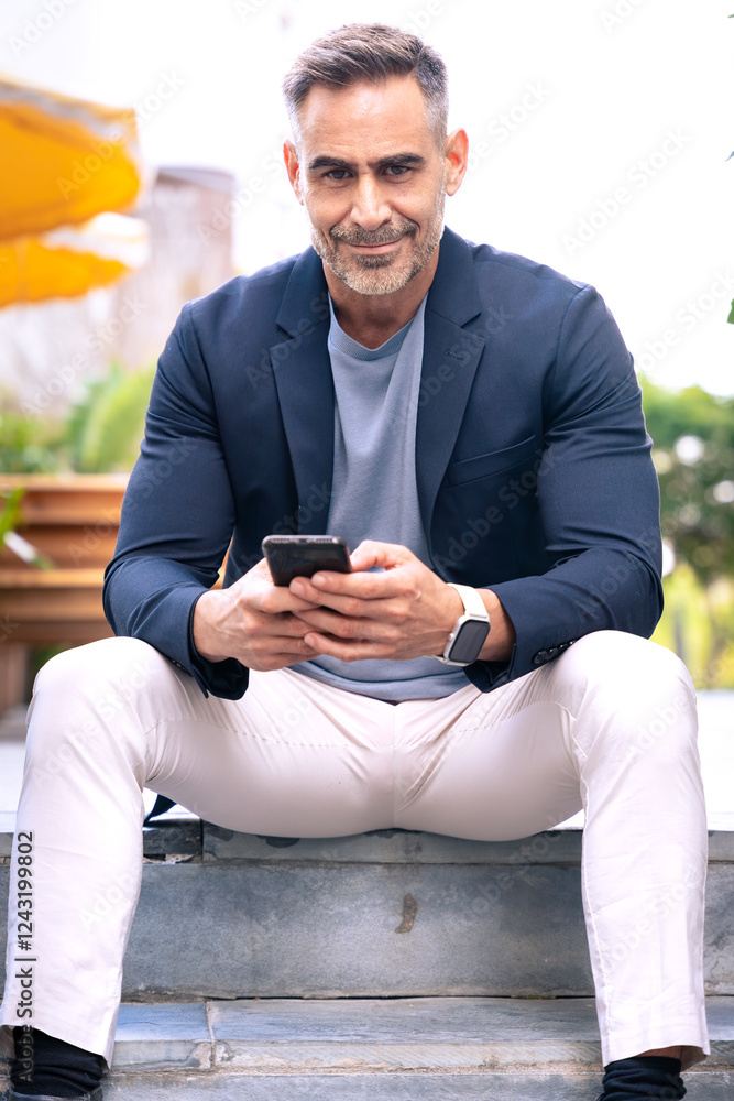Smiling Man Using Smartphone While Sitting Outdoors in Urban Setting.Vertical Smiling Man Using Smartphone While Sitting Outdoors in Urban Setting.Vertical