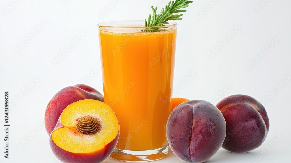 Fototapeta premium Fresh Peach Juice with Ripe Peaches on White Background