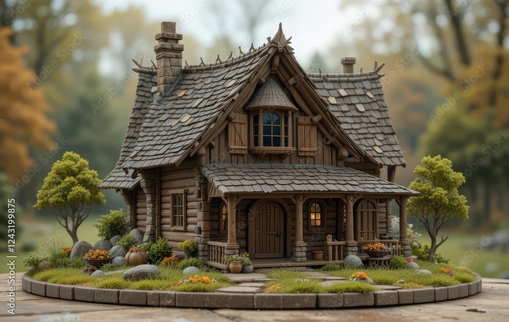 A miniature wood house with intricate details and a thatched roof, surrounded by trees and lush greenery A miniature wood house with intricate details and a thatched roof, surrounded by trees and lush greenery