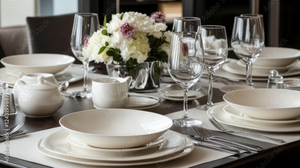 Set of many clean dishware, cutlery, flowers and glasses on light blue table Set of many clean dishware, cutlery, flowers and glasses on light blue table