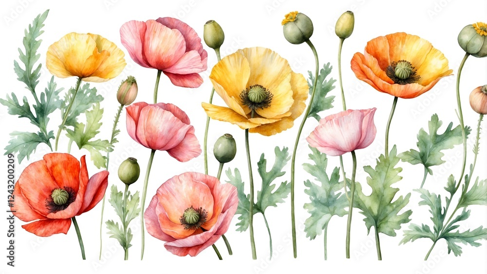 Obraz premium Beautiful watercolor illustration of poppy flowers in various colors on a white background