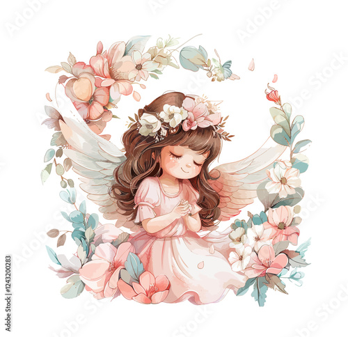 Cute angels with wings, adorable cartoon characters for boys and girls in cupid or cherub costumes, vector illustration