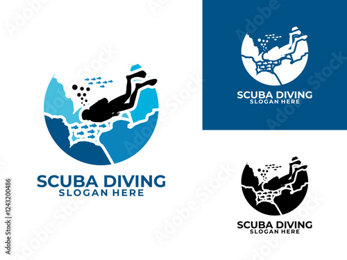 Scuba Diving Logo Design Vector Template. Dive with coral and fish. Under water, Undersea logo vector.
