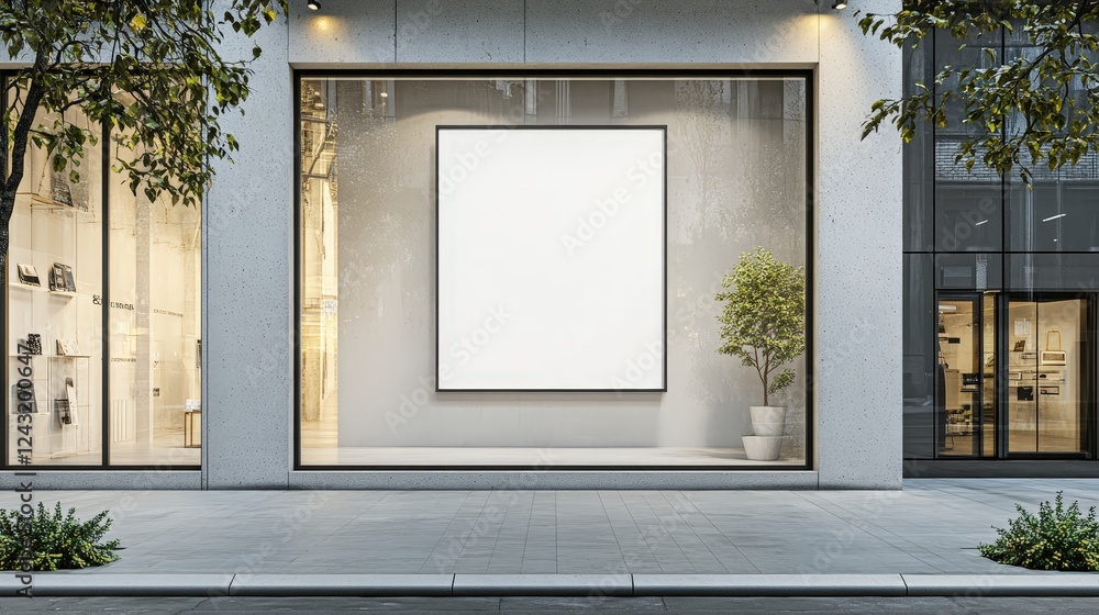 Fototapeta premium Modern Storefront with Blank Signage and Clear Window Display, Showcasing Minimalist Aesthetic and Urban Design Elements for Retail Outlets