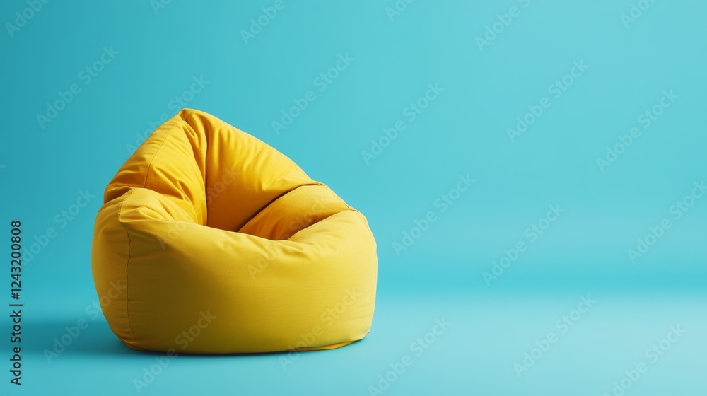 Yellow leather bean bag chair for relaxation on holiday , isolated on light blue background Yellow leather bean bag chair for relaxation on holiday , isolated on light blue background