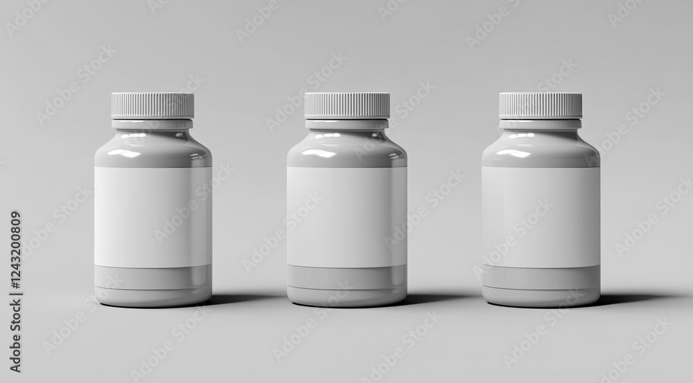 White plastic bottle with a white label on an isolated background, with different angles of the front view and side view. This is a mockup template for medicine or cosmetics. White plastic bottle with a white label on an isolated background, with different angles of the front view and side view. This is a mockup template for medicine or cosmetics.