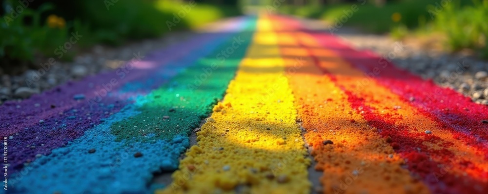 Fototapeta premium Colorful rainbow painted on ground, small feet near , childhood, garden