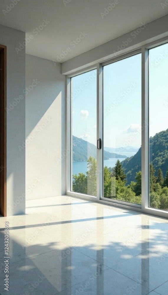 Fototapeta premium Spacious empty corner with expansive window view, clean space, wide