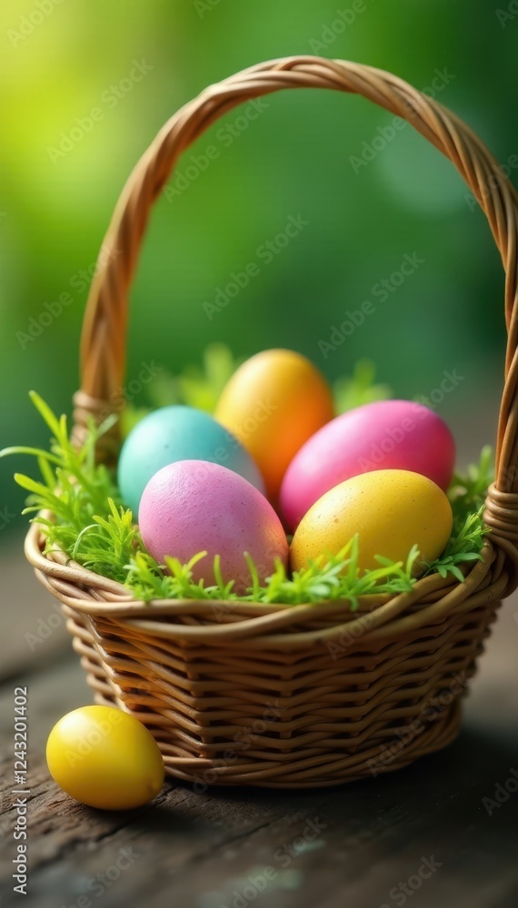 Brightly colored eggs nestled in a woven Easter basket , chocolate, Easter Brightly colored eggs nestled in a woven Easter basket , chocolate, Easter