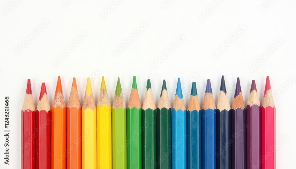 A row of sharpened colored pencils neatly aligned in a straight line, with their tips facing upwards. create rainbow color gradation, forming a beautiful gradient A row of sharpened colored pencils neatly aligned in a straight line, with their tips facing upwards. create rainbow color gradation, forming a beautiful gradient