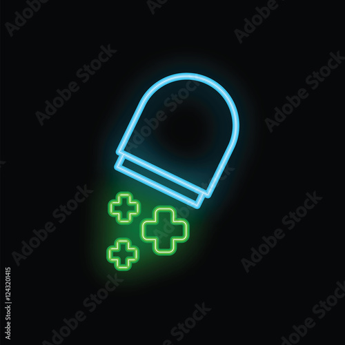 Bright neon medical pill bottle dispensing capsules, concept for pharmacy, drugstore, healthcare and pharmaceutical industry