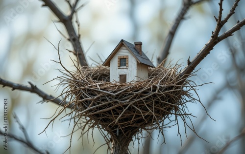 Obraz na płótnie A bird's nest with a small house in the center w salonie