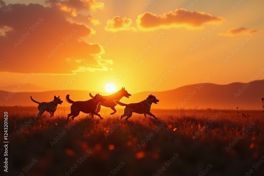 Dynamic silhouettes of dogs running freely in a field at sunset , speed, illustration Dynamic silhouettes of dogs running freely in a field at sunset , speed, illustration