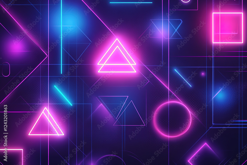 Fototapeta premium Bright neon shapes create a vibrant geometric design in a dark background filled with vivid colors