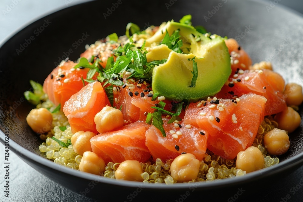 Healthy bowl with avocado, salmon or trout, chickpeas and quinoa, protein food, fitness nutrition Healthy bowl with avocado, salmon or trout, chickpeas and quinoa, protein food, fitness nutrition
