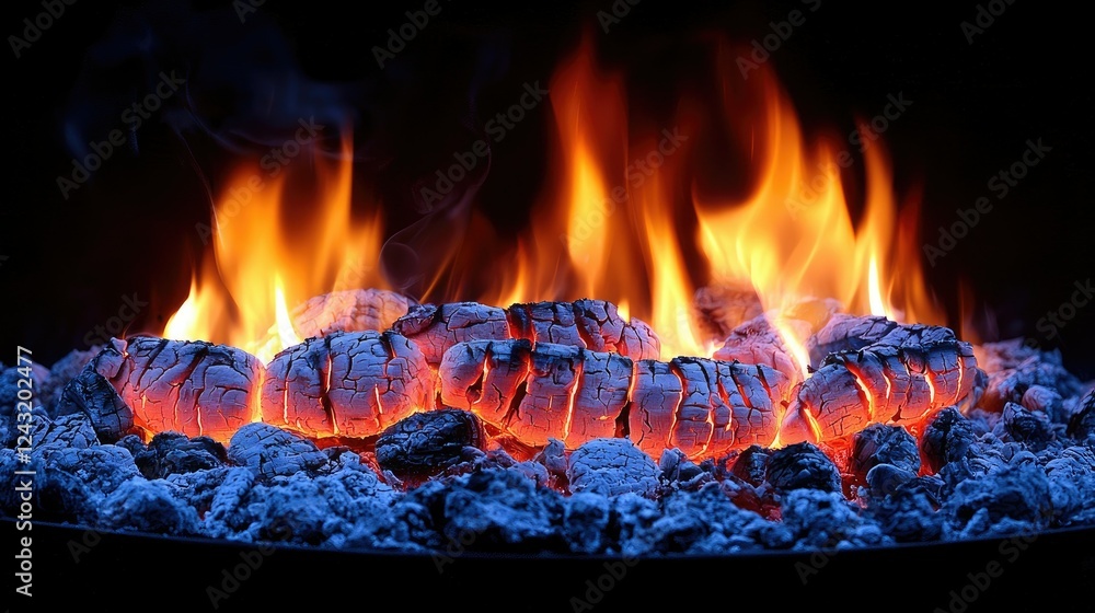 Fototapeta premium Glowing Embers Burning Brightly Within A Dark Fireplace
