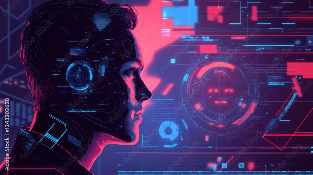 Fototapeta premium Futuristic digital interface with human silhouette, showcasing AI technology and data visualization. image conveys sense of innovation and advanced technology