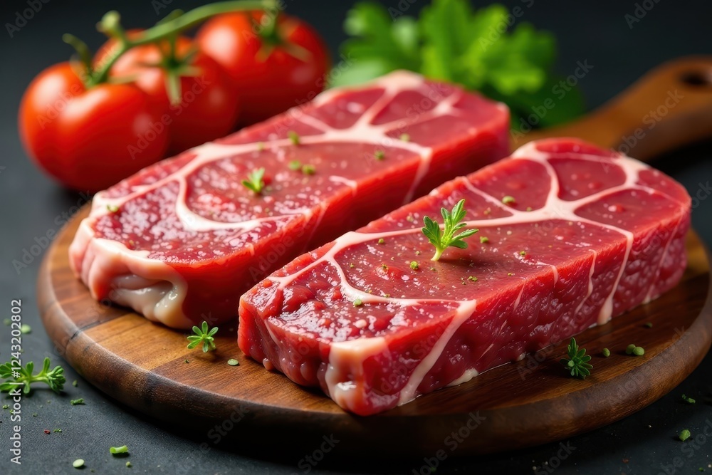 Bright red, vacuum-packed beef steaks displayed neatly , beef, food photography, packaging Bright red, vacuum-packed beef steaks displayed neatly , beef, food photography, packaging