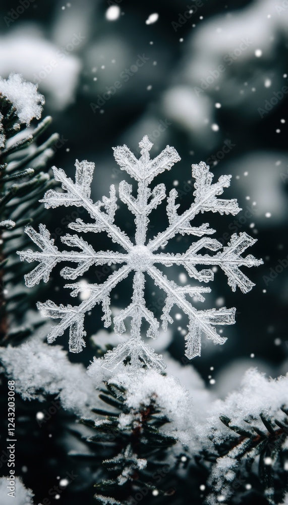 A single, perfectly formed snowflake rests on a snow-covered evergreen branch, amidst a gentle snowfall. A single, perfectly formed snowflake rests on a snow-covered evergreen branch, amidst a gentle snowfall.