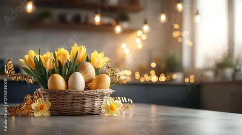 Easter day celebration with pastel tone easter eggs and flowers in cozy kitchen environment photo