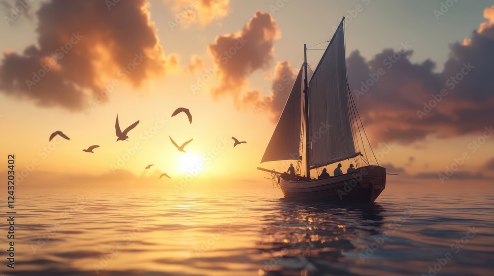 Fototapeta premium Sailing into the Sunset: A Tranquil View of a Boat on Calm Waters at Dusk