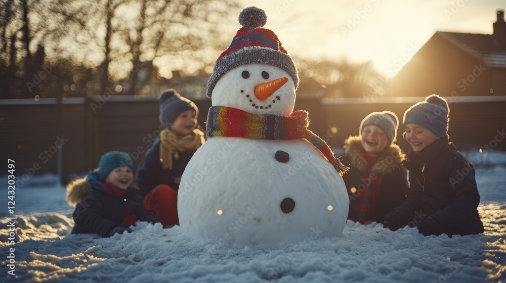 Obraz premium Children Playing in Snow with a Friendly Snowman at Sunset