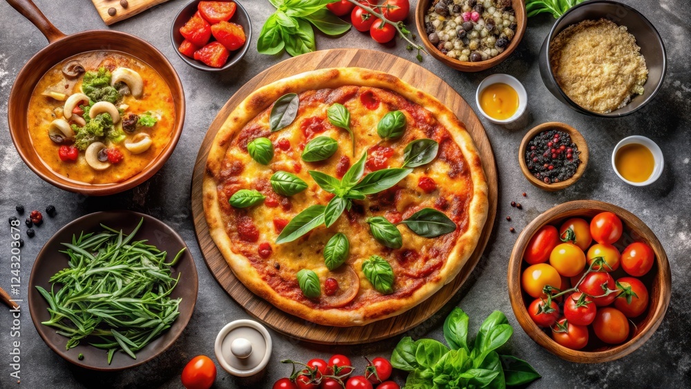 Aromatic Pizza and Soup Culinary Delight Featuring Fresh Herbs and Colorful Vegetables Aromatic Pizza and Soup Culinary Delight Featuring Fresh Herbs and Colorful Vegetables
