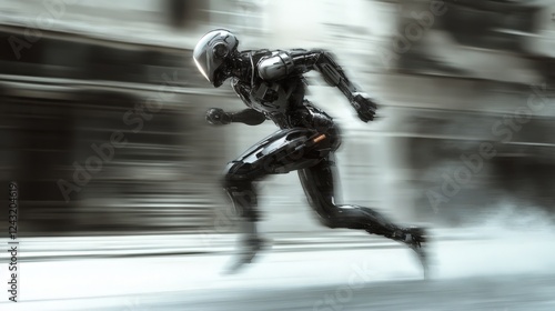 Futuristic metallic robot sprinting through a blurred urban environment photo