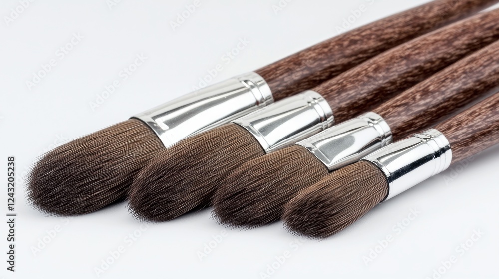 Closeup of Four Brown Wooden Handle Paintbrushes on White Background Closeup of Four Brown Wooden Handle Paintbrushes on White Background