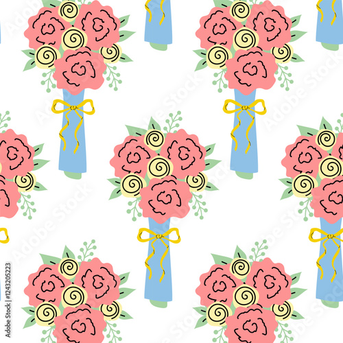 Colorful floral pattern featuring pink roses in blue and yellow arrangement for decor