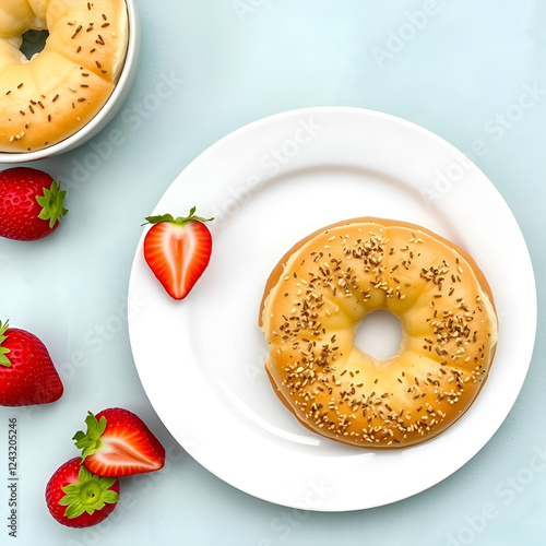 plain bagels top with cheese sprean strawberries photo