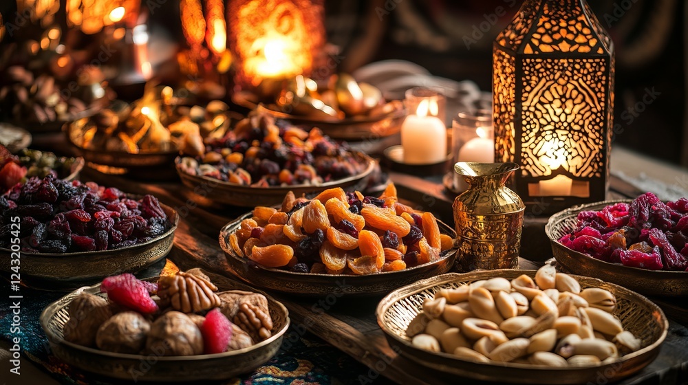 Ramadan celebration feast! Trays with nuts and dried fruits, and lanterns lit with candles. Perfect for festive gatherings. Ramadan celebration feast! Trays with nuts and dried fruits, and lanterns lit with candles. Perfect for festive gatherings.