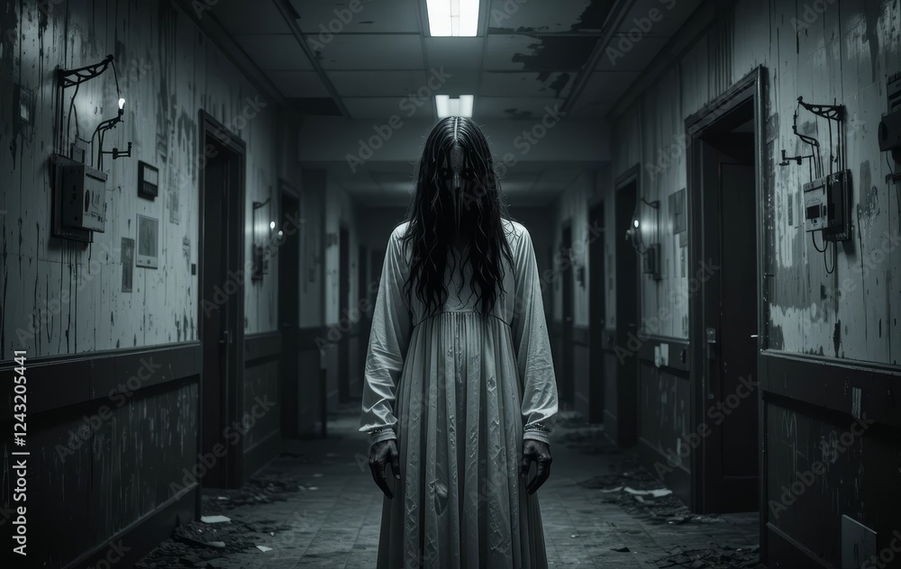 An abandoned hospital room with a ghostly figure in a white gown