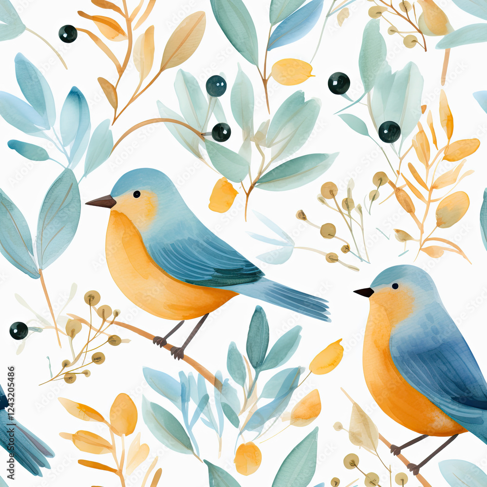 Obraz premium Watercolor Painting of Birds and Floral Branches