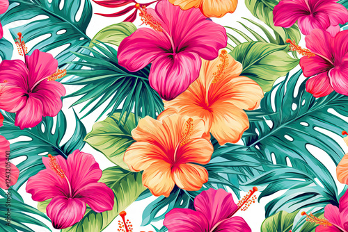 Vibrant Hibiscus and Tropical Leaves Seamless Pattern