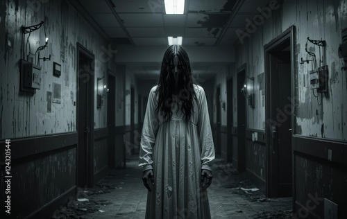 Obraz na płótnie An abandoned hospital room with a ghostly figure in a white gown w salonie