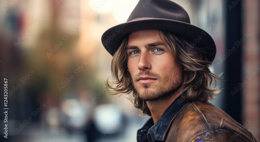 A man with shoulder-length hair and a hat stands on a bustling city street, exuding confidence in the warm glow of sunset A man with shoulder-length hair and a hat stands on a bustling city street, exuding confidence in the warm glow of sunset