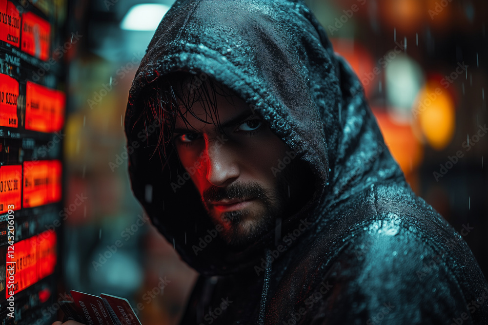 A hacker selling stolen credit card information on an underground forum. Bright lighting, contrast A hacker selling stolen credit card information on an underground forum. Bright lighting, contrast