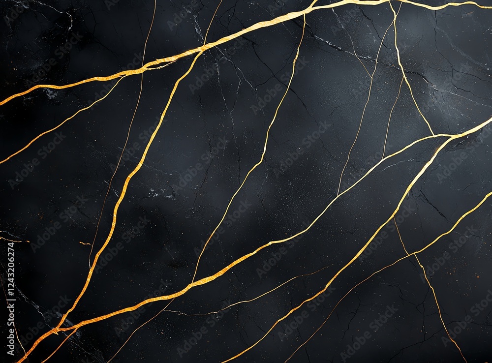 A luxurious black marble surface featuring striking gold veins, ideal for interior design, fashion, and upscale branding applications. A luxurious black marble surface featuring striking gold veins, ideal for interior design, fashion, and upscale branding applications.