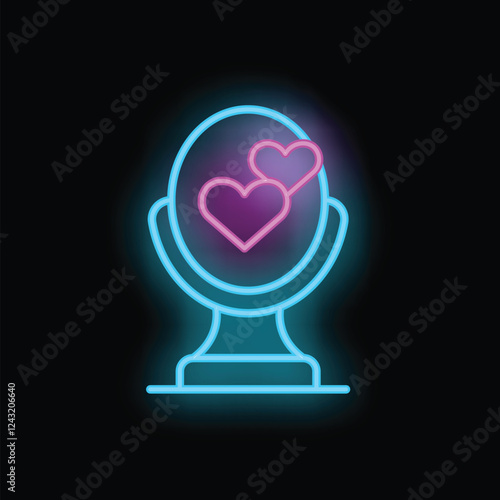 Glowing neon icon of a mirror reflecting hearts, perfect for representing self acceptance and self love