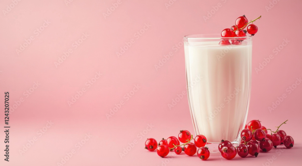 A clear glass filled with fresh white milk is complemented by vibrant red berries, creating an appealing visual on a pink backdrop A clear glass filled with fresh white milk is complemented by vibrant red berries, creating an appealing visual on a pink backdrop